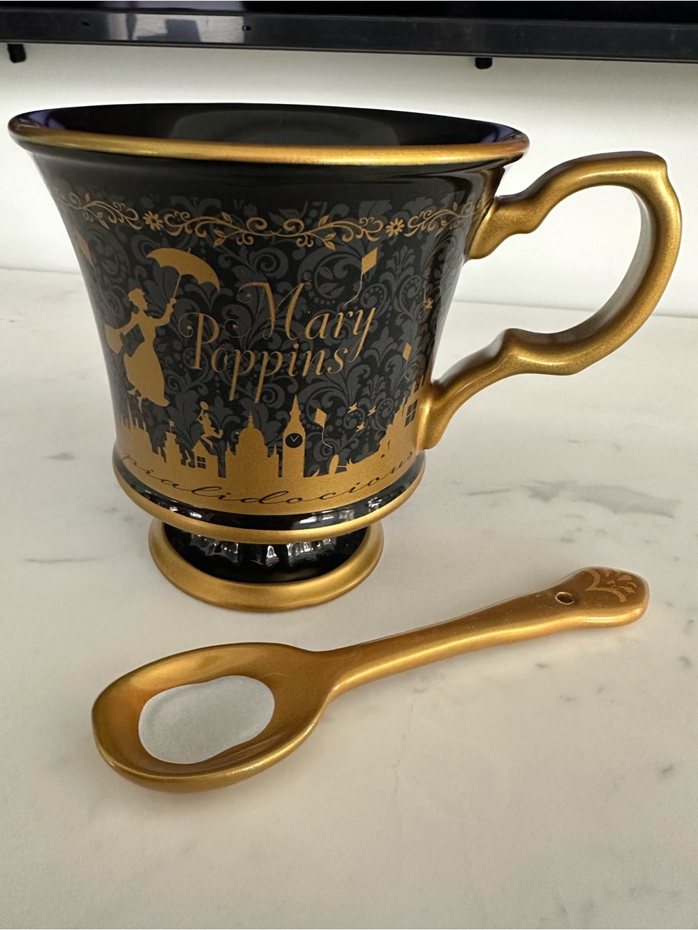 Disney Parks Mary Poppins 60th Anniversary Ceramic Mug & Gold Spoon
